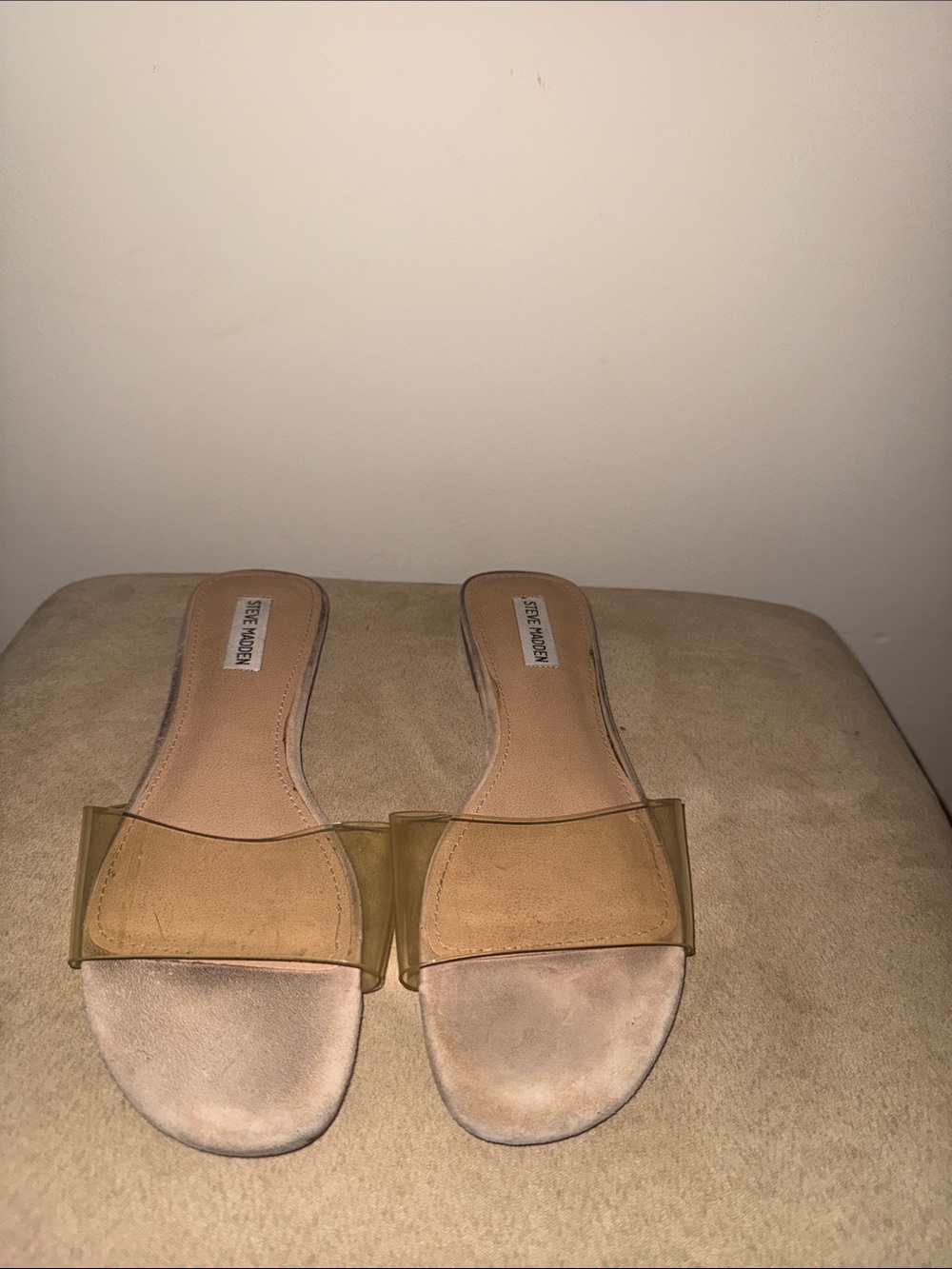 Steve Madden Tan Nude Slide Sandals with Clear Strap